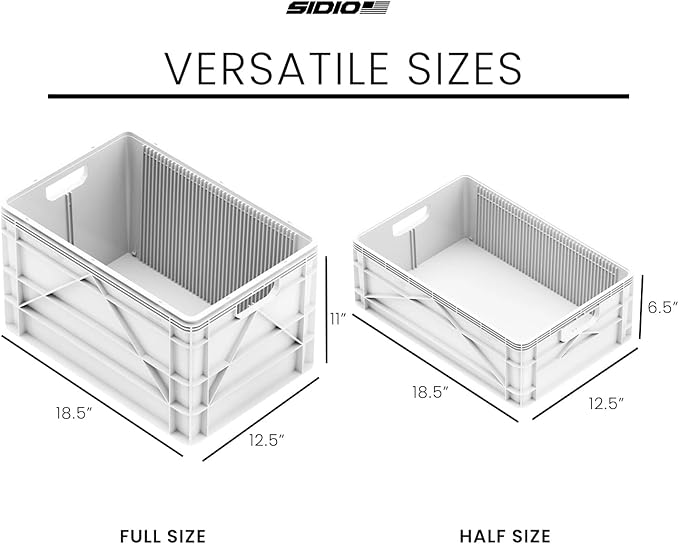 SIDIO CRATE Basic Pack - Two Full Size and One Half Size SidioCrate, Stackable Outdoor Organizer Storage Bins with Dividers - White