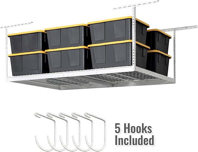SafeRacks 4 ft x 8 ft Overhead Storage Rack Adjustable 24 in - 45in Height (White) With Accessory Pack With 5-Piece Hook Accessory Pack