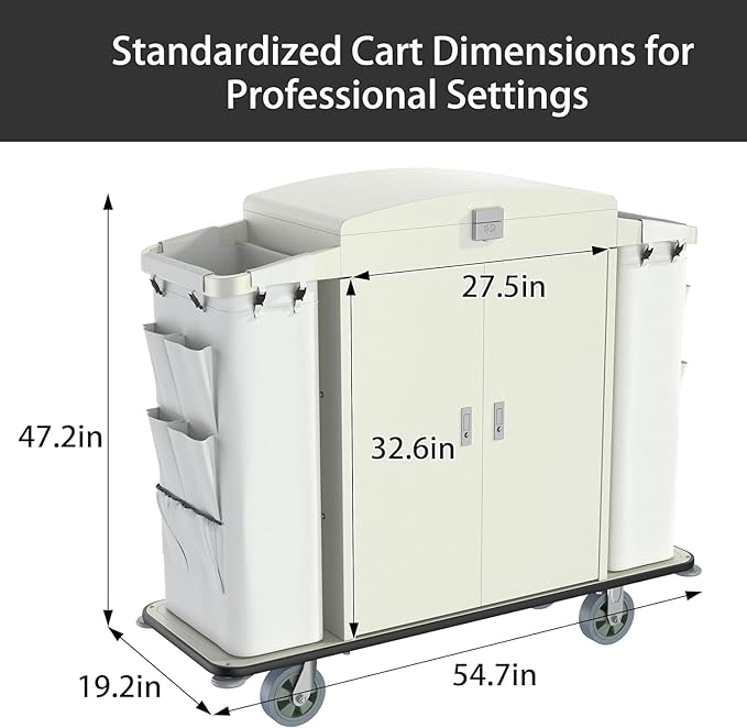 Heavy Duty Metal Housekeeping Janitorial Cart,Silent Casters,Locking Large Capacity Cabinets,Cleaning cart for Housekeeping/Commercial Facility/Hotel/Stadium/School(White)