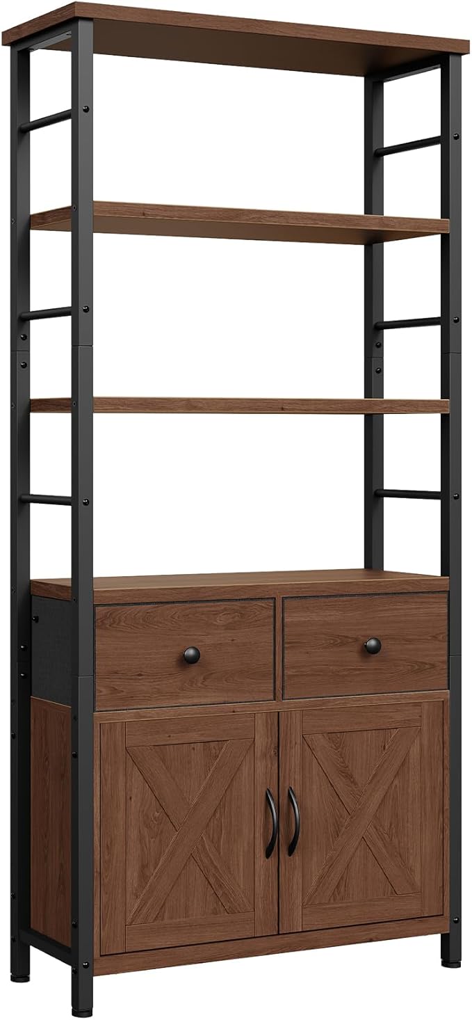 HOOBRO Bookshelf with Doors, Rustic Bookshelf with Drawers, Industrial Display Standing Shelf Units, Wooden and Metal Storage Shelf for Living Room, Home Office, Dining Room, Walnut and Black BH75SJ01