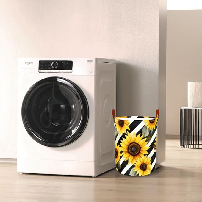 Laundry Baskets 15.7x19.7 Inch Large Sunflower Striped Design Collapsible Laundry Hamper with Handles Oxford Fabric Clothes Storage Bin Foldable Dirty Clothes Organizer for Bedroom Bathroom Dorm
