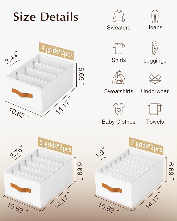 Clothes Organizers and Storage - 4/5/7 Grids Fabric Jeans Organizer with Handles, Foldable Closet Organizers Dividers, Wardrobe organizer for Pant, Sweater, T-shirt, Scarf, 6 Pack, White