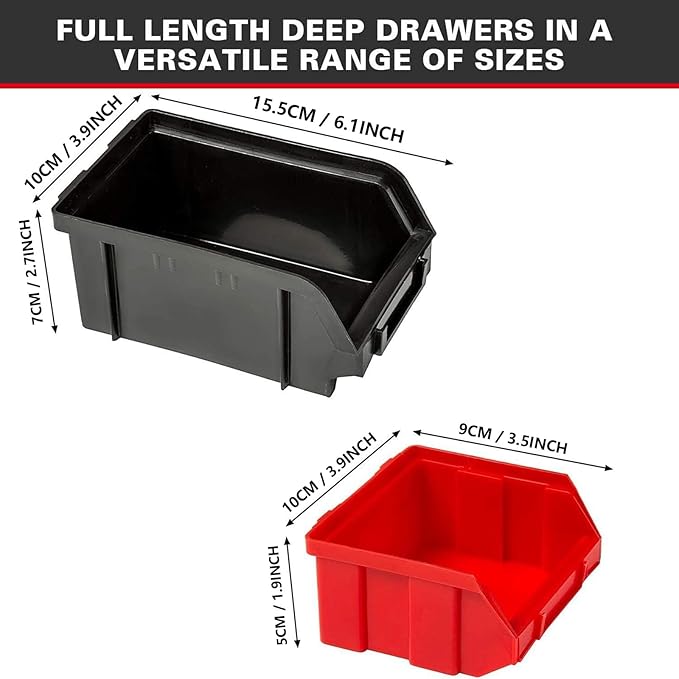 Wall Mounted Storage Bins, 30 Wall Mount Tool Organizer Bins Plastic Parts Rack Container, Easy Access Compartments For Tools, Hardware, Crafts, Office Supplies And More, Blackred