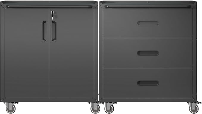 Metal Tool Cabinet,Garage Storage Cabinet System,Wall Cabinet & Locking Rolling Tool Cabinet with Doors and Adjustable Shelves,Steel Tool Cabinets for Home (2 Pcs-StyleC, Black)