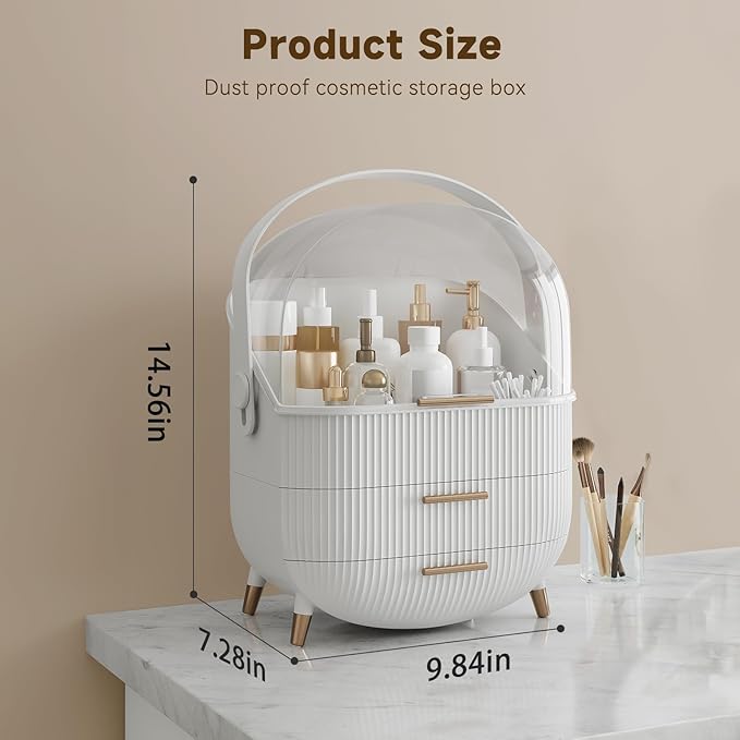 Makeup Organizers, Make Up Organizer for Vanity, Countertop Cosmetic Storage with Drawers and Transparent Cover for Bedroom Bathroom, White