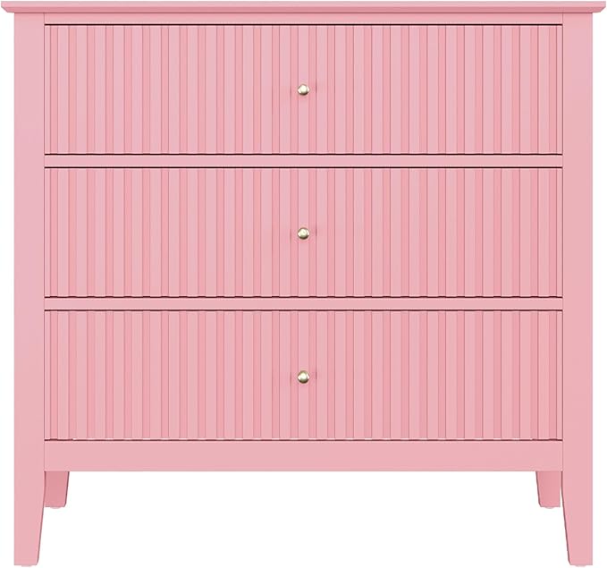 RoyalCraft Fluted 32 inch Wide Nightstand for Bedroom, Large Pink Nightstand with 3 Drawer, Modern End Table, Wood Beside Table for Home and Office