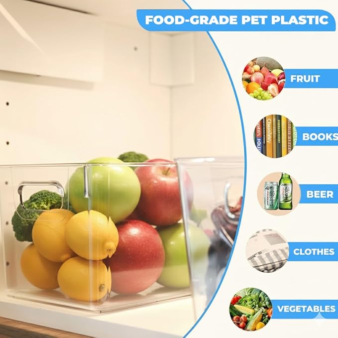 MOONEDGE Open Clear Plastic Storage Bins Stackable Organizer Containers with Handles for Kitchen, Pantry, Fridge, Cabinet, Closet Storage & Home Organization 6 Pack（11 x 8 x 6 in）