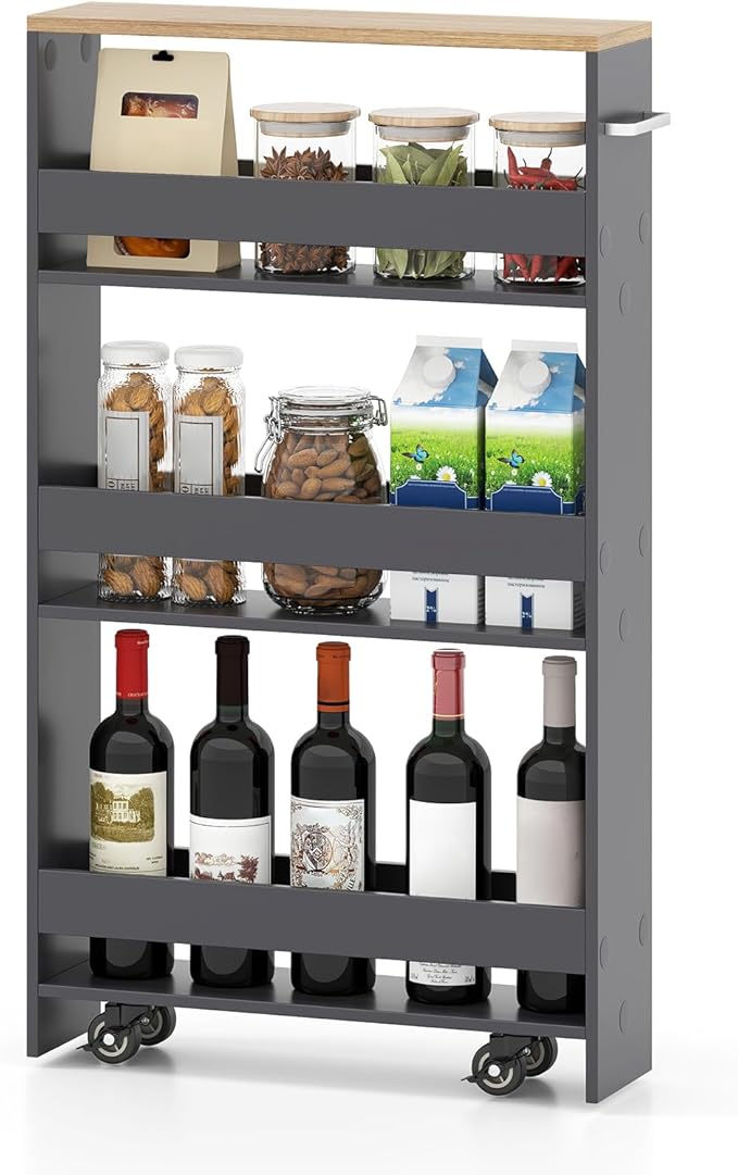 Small Kitchen Cart, 4-Tier Slim Rolling Island w/Handle, Laundry Room Storage Organizers Between Washer and Dryer, Narrow Spice Rack on Wheels Next to Fridge (Gray, 5'')