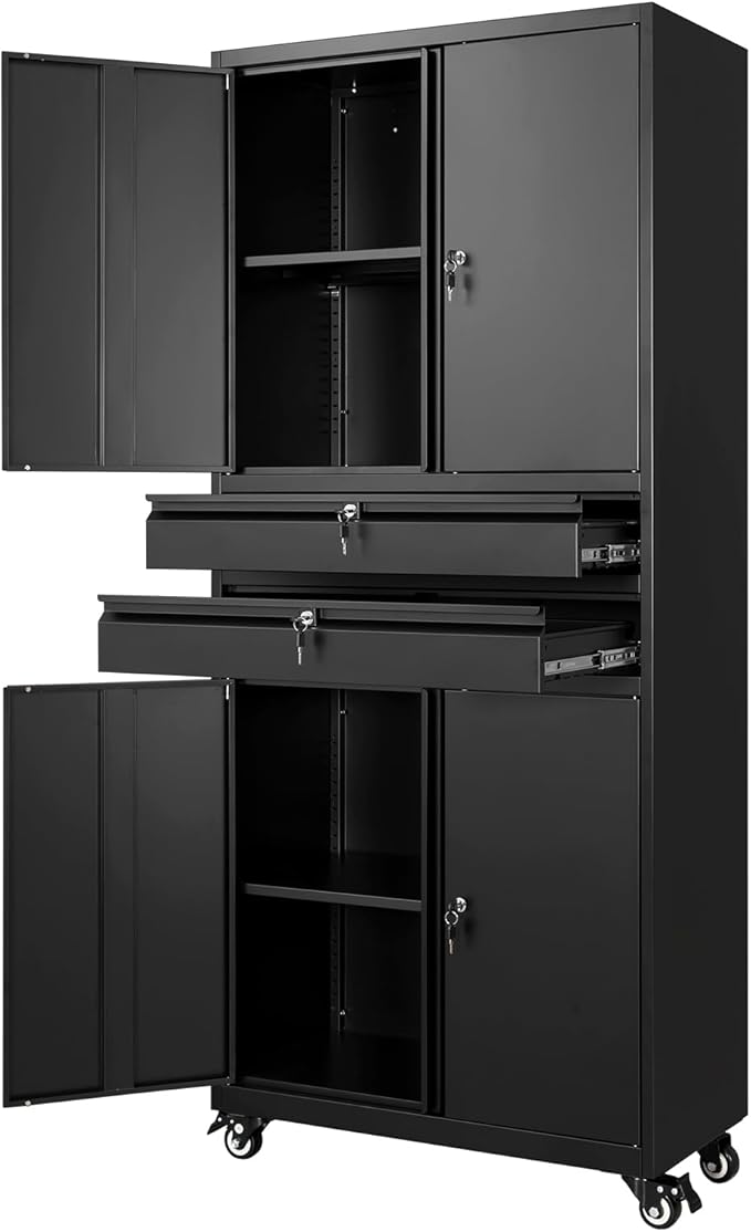 Yizosh Metal Garage Storage Cabinet with Locking Doors and Adjustable Shelves, 74" Rolling Tool Storage Cabinet with 4 Wheels and 2 Drawer for Garage,Warehouse