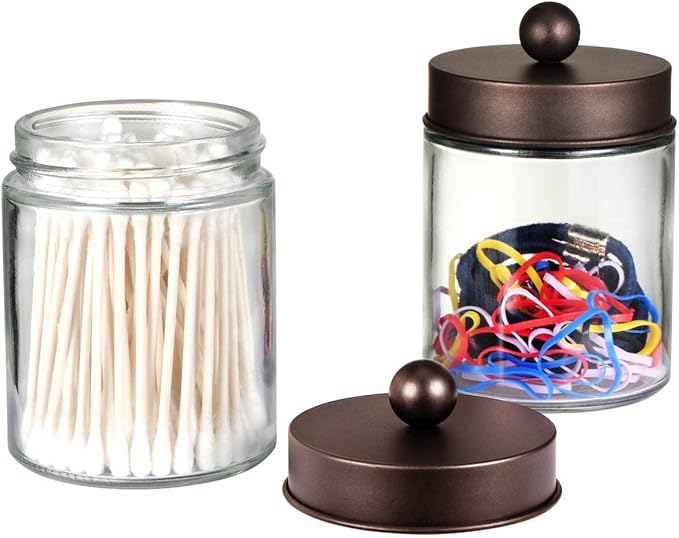 Amolliar 6Pc Apothecary Jars Bathroom Vanity Organizer- Rustic Farmhouse Decor Storage Canister with Stainless Steel Lids- Qtip Dispenser Holder for Q-Tips,Cotton Swabs,Rounds,Ball,Flossers (Bronze)