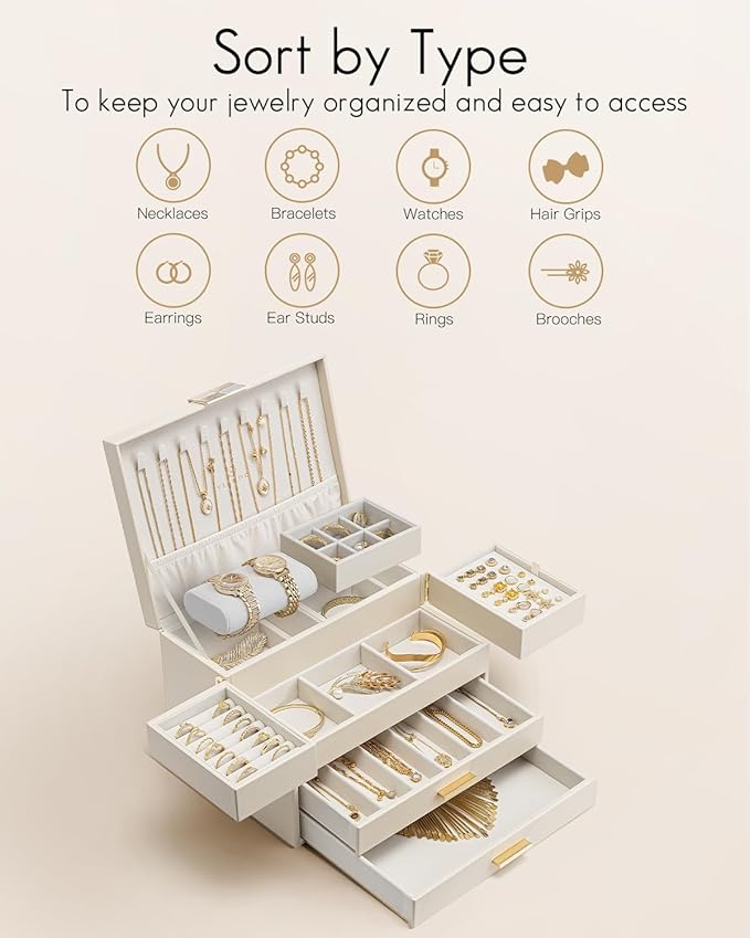 Vlando 4 Layers Jewelry Box - Women Jewelry Box with Retractable Tray - Jewelry Organizer with Drawer for Necklaces, Rings, Bracelets, Earrings, Gift for Couples Mom Girls - Could White