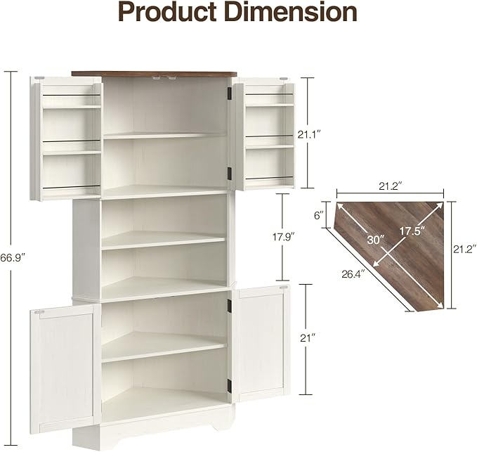 Corner Cabinet, 67''H Kitchen Pantry Storage Cabinet, 6-Tier Corner Food Pantry Hutch with 4 Barn Doors and Shelves, Tall Farmhouse Furniture for Kitchen Dining Living Room, White
