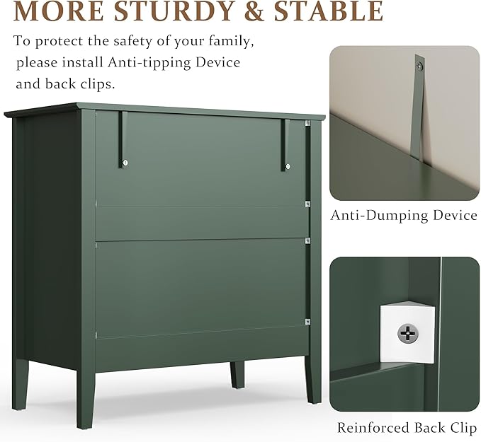 RoyalCraft Green Fluted 3 Drawer Dresser, 32 inch Wide Dresser Nightstand for Bedroom, Modern Wood Chest of Drawers, Large Painted Nightstand with 3 Drawers for Closet, Hallway, Entryway