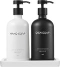 Glass Kitchen Soap Dispenser Set with Ceramic Tray,16.9 floz Hand and Dish Soap Dispenser for Kitchen and Bathroom Decor (White Bottles+Black Bottles)