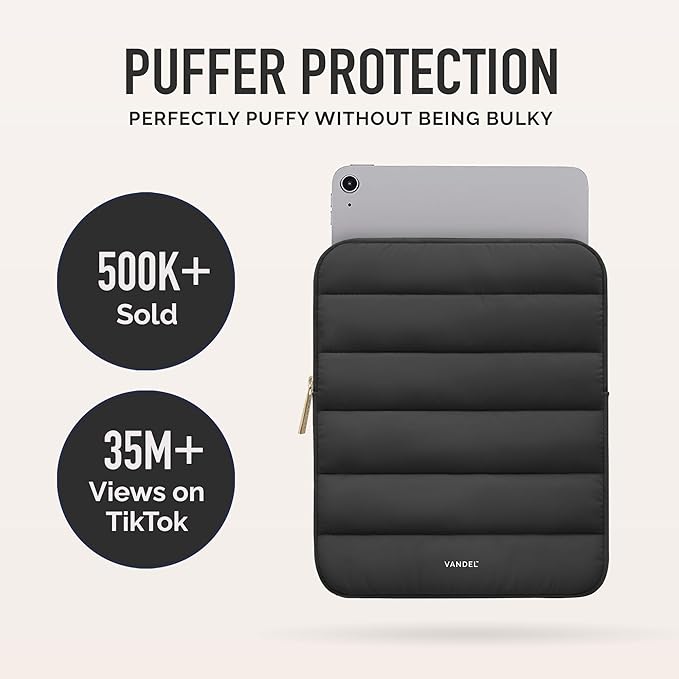 Vandel - The Original Puffy iPad Sleeve 9-11 Inch Tablet Sleeve, Black i Pad Case for Women and Men, Cute iPad Air Pouch, 9 10 Inch, 11 Inch Bag