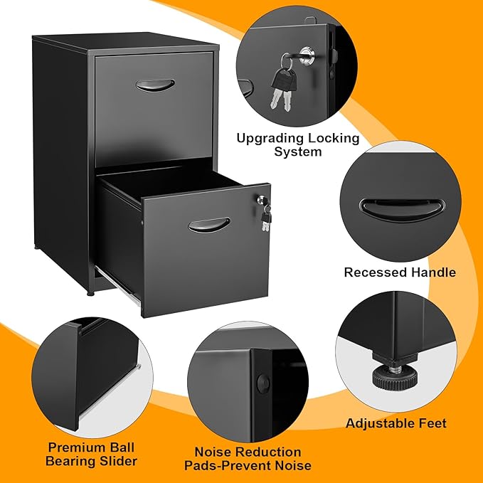2 Drawer File Cabinet, Metal Two Drawer Vertical File Cabinets with Lock, 18" D Black Storage Filing Cabinet for Home Office, Steel Light Duty Storage for Letter-Size Files, Assembly Required