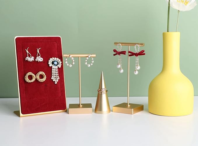 GemeShou 2pcs metal earring holder, Gold T bar earring display stand, mini hangers for earrings Jewelry Photography, earring storage organizer【Gold-Square Base 2pcs Height 4.3 and 5.1 inch】