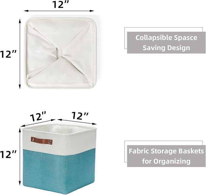 HNZIGE Cube Storage Basket(4 Pack) Collapsible Baskets for Shelves,Dog Toys,Book,12x12 Fabric Storage Cube Bins Set for Room,Office,Closet(White&Teal)