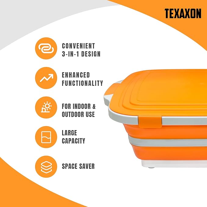 8L/16L BBQ Prep Tub with Cutting Board, Lid & Complimentary Mitts/Gloves – Collapsible Bucket for BBQ, Marinade, Picnic, Camping, Meat Prep – Orange/Black (Orange, X-Large Lid Lock)