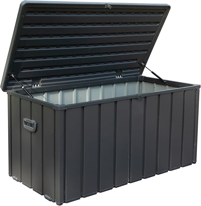 KUIKUI 100 Gallon Deck Box Waterproof, 100 Gallon Outdoor Storage Box, Metal Deck Box Waterproof for Pool Patio Cushions and Sports Pools Equipment, Dark Gray