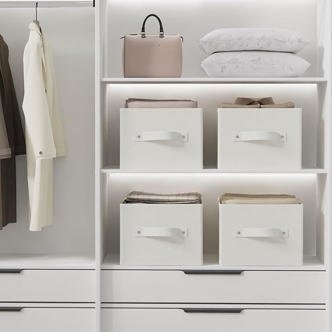 Foldable Closet Organizer, 3 Pack Cube Storage Bin, Clothes Basket for Shelves with 2 Handles, Saving Space, White & Ivory, 18.5 x 11 x 7.9 In, XSNY11WL-3