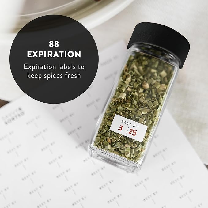SAVVY & SORTED Glass Spice Jars with Label 24 PK - 4 Oz Spice Containers with 374 Minimalist Labels Stickers, Pepper Grinder Funnel Shaker Lids, Empty Square Seasoning Rack Organizer