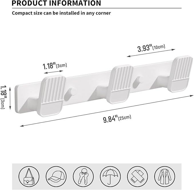 Coat Rack Wall Mount Coat Hooks - White Hook Rack with 3 Hooks Aluminum Wall Rack Hooks for Hanging Coat Hat Bag Towel Hanger Rustproof Coat Holder