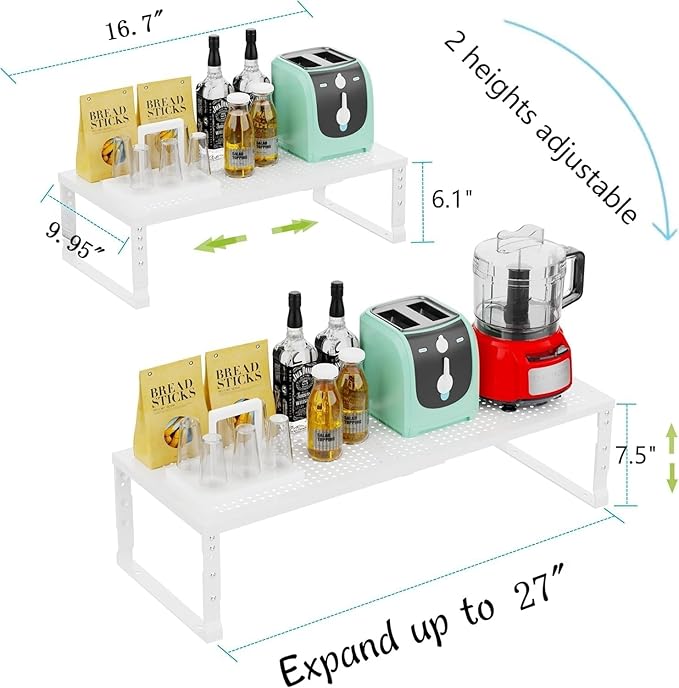 Expandable Cabinet Shelf Organizer Storage Spice Rack Shelves for Kitchen Stackable Adjustable Pantry Cupboard Bathroom Countertop Desktop(2Packs/White/Large-with Hole)