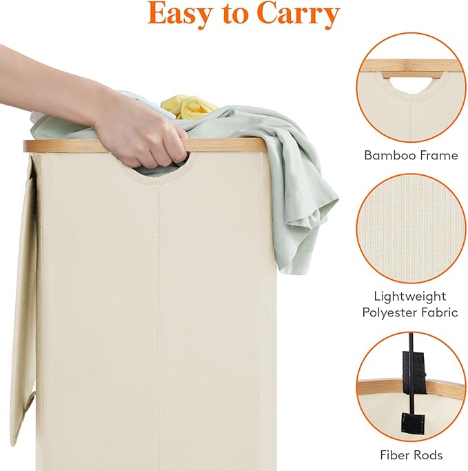 Lifewit 80L Laundry Basket with Lid, Clothes Hampers with Bamboo Handles and A Removable Laundry Bag, Large Foldable Hamper for Bedroom, Bathroom, Dorm, LaundryRoom, White