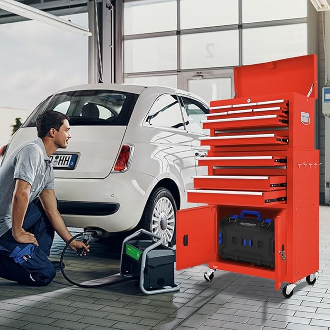 13-Drawer Double Door Rolling Tool Chest, 2 in 1 Detachable Tool Chest,Tool Box with Drawers and Wheels, Large Tool Cabinet with Lock, Metal Standing Toolbox for Garage Workshop-Red