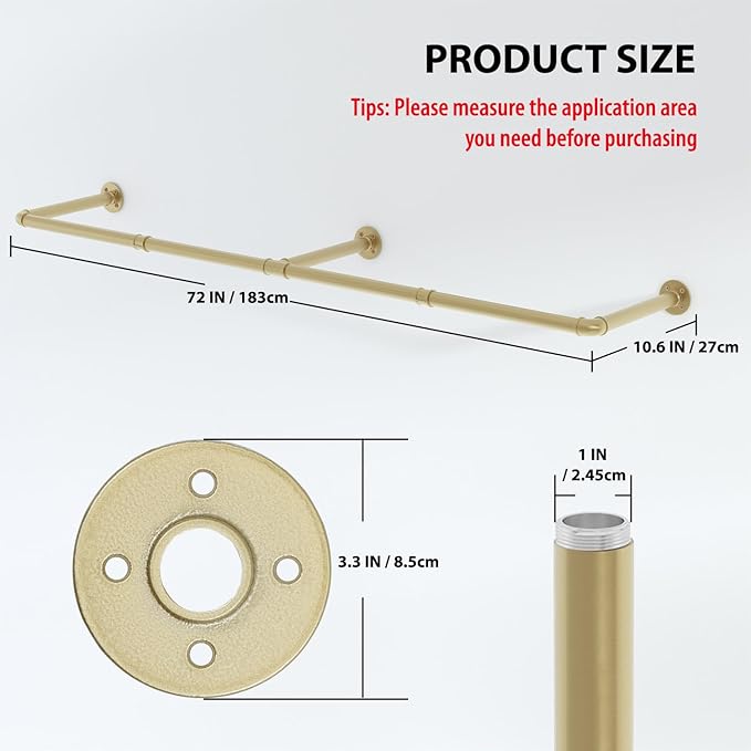 Wall Mounted Clothes Rack, 72" Industrial Pipe Clothing Rack, Heavy Duty Gold Garment Rack Bar, Multi-Function Hanging Clothes Rod for Laundry Room,Bedroom,Dressing Room,Closet Storage