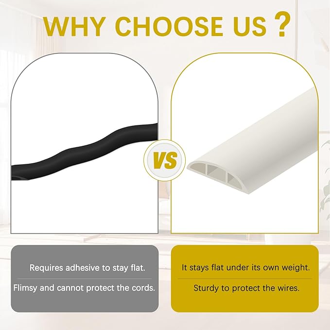 Floor Cord Cover 10FT Cord Covers for Wires on Floor Protect Wires & Prevent Trip Hazards, Easy to Cut for Home, Office, School, Concerts, Cavity W0.6in x H0.32in