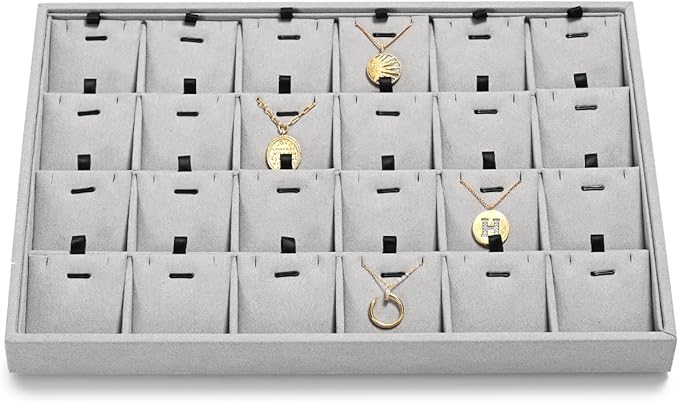 24 Grids Necklace Tray Jewelry Display Tray Necklace Holder Organizer for Drawers With Removable Jewelery Cards Pendant Bracelet Storage Holder (Grey