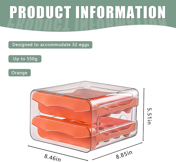 Refrigerator egg rack, egg container, egg storage box, double-layer transparent surface stackable, concave and convex handle kitchen storage organizer, bracket tray, refrigerator organizer (orange)