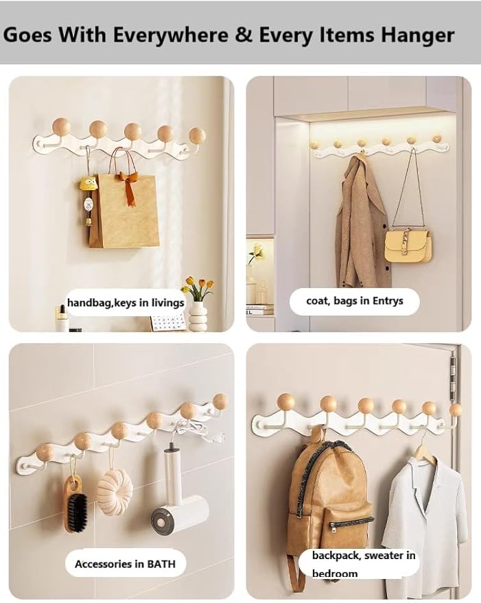 Coat Rack Wall Mount,White Wall Hooks Adhesive & Screw in,Anti-Tear Wooden Ball Hook Rail, Heavy Duty Metal Coat Hanger Wall Mount for Entryway, Bathroom, Bedroom, Kitchen 2PACK(6-tri Hooks)