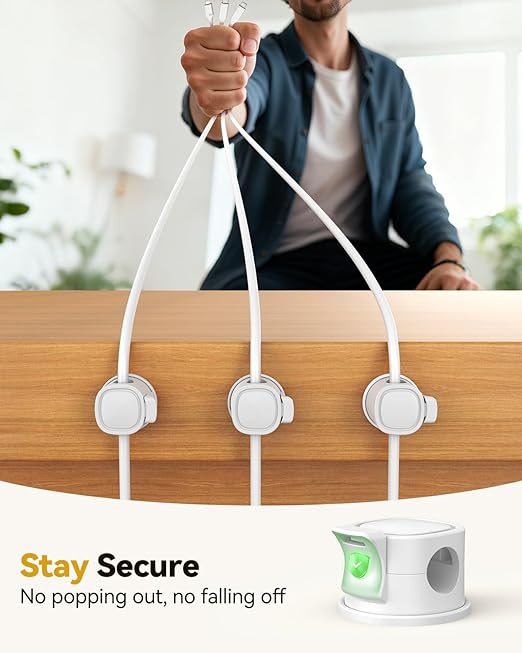 6Pack Rotatable Cord Organizer, INCHOR Cable Organizer, Spring Cable Clips With Clasp Lock, Smooth Adjustable Cord Holder for Nightstand Car Home Office (White)