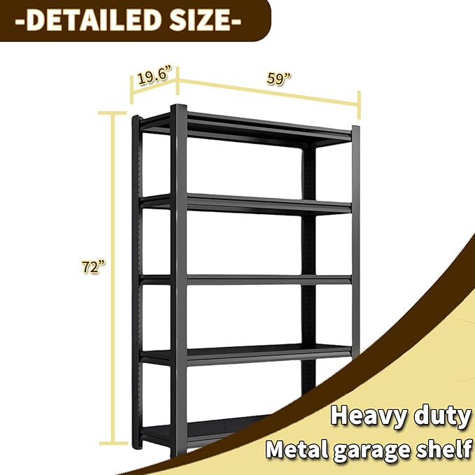 72" H Garage Shelving, 5 Tier Heavy Duty Metal Shelving with Adjustable Shelves, 3000LBS Storage Racks, Shelf Storage Units, Utility Shelves for Garages, Basements, Warehouses, Supermarkets