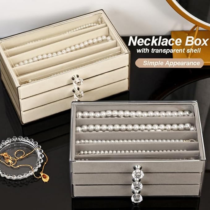 SPAKOWN Necklace Organizer Box, Velvet Necklace Box Holder Tray with Clear Lid Chains Showcase Stackable Necklace Storage for Pendant Bracelet (3 Drawers - Grey)