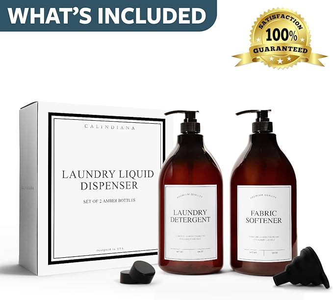 Calindiana Modern Farmhouse Liquid Laundry Detergent and Fabric Softener Dispenser for Laundry Room Decor and Organization, PET Plastic Landry Soap Containers with Water Resistant Labels, Amber 64oz