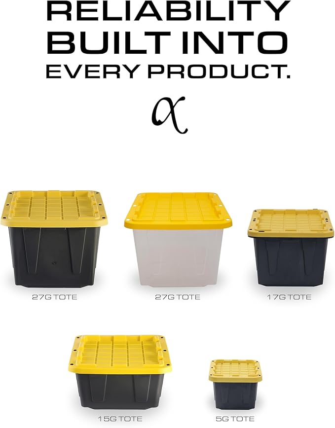 CX BLACK & YELLOW, 12-Gallon Heavy Duty Tough Storage Container & Snap-Tight Lid, (12.51H x 16.3W x 21.8D), Weather-Resistant Design and Stackable Organization Tote [6 Pack]