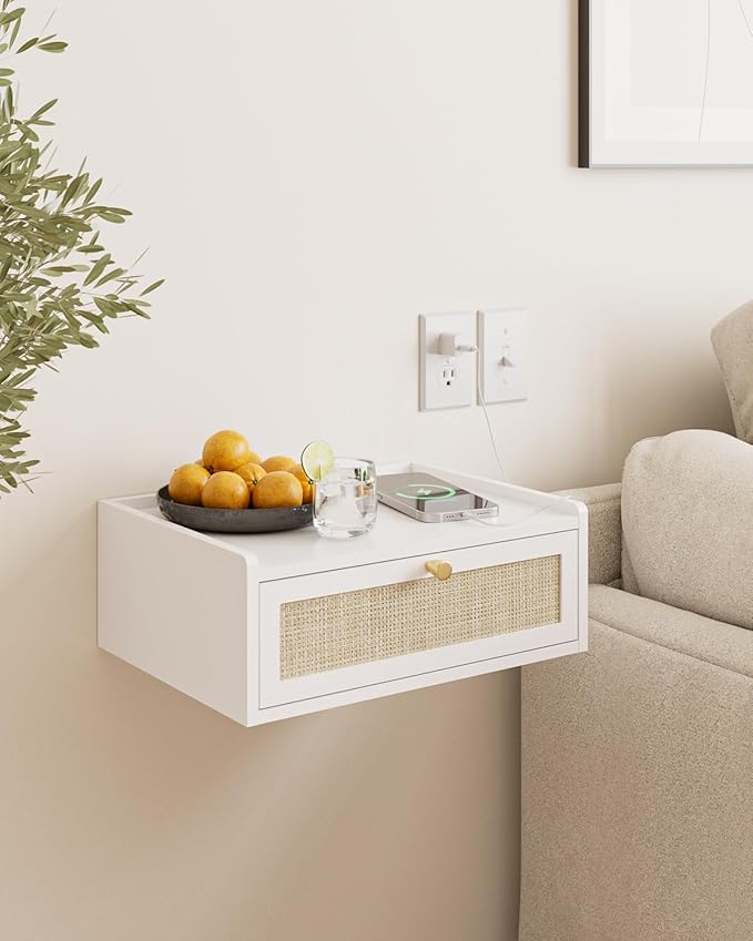 Floating Nightstand,Wall Mounted Night Stand with Drawer,Small Floating Shelves,Floating Wood Bedside Table for Bedroom、Living Room、Bathroom(No Assembly)