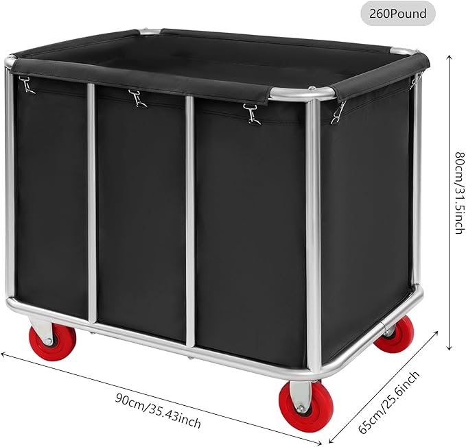 Commercial Laundry Cart with Wheels,Laundry Hamper Cart,Heavy Duty Rolling Basket with Large Capacity,Sorter Trolley for Home Hotel Apartment (Black, 35.43 * 25.6 * 31.5in)