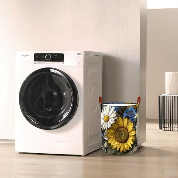 Laundry Baskets 15.7x19.7 Inch Large Vintage Sunflower Daisy Blue Wildflower Design Collapsible Laundry Hamper with Handles Oxford Fabric Clothes Storage Bin Foldable Dirty Clothes for Bedroom