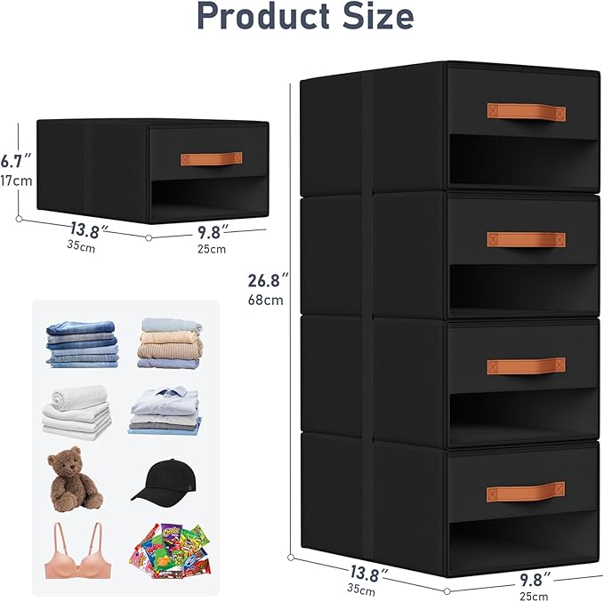 DIMJ Closet Organizers and Storage - Fabric Bins with Drawers for Closet Foldable Clothes Organizers with Clear Window, Stackable Storage Drawers Units for Bedroom, Living Room, Medium 4-Pack, Black