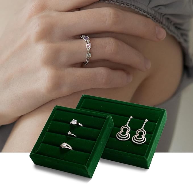 Green Velvet Jewelry Display Tray for Rings 3-Slot Jewelry Ring Organizer Small Tray for Women, Retail Store Showcase