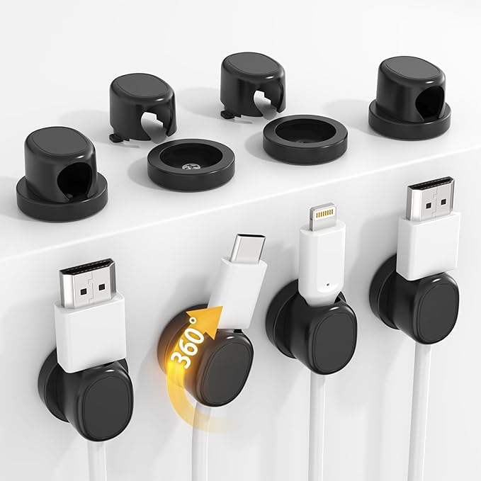 Rotatable Cord Holder, Snap-Lock Cable Clips, 8 Pack Adhesive Cord Organizer, Phone Charger Wire Organizer Keeper for Nightstand Car Kitchen Appliances Office Accessory,Black