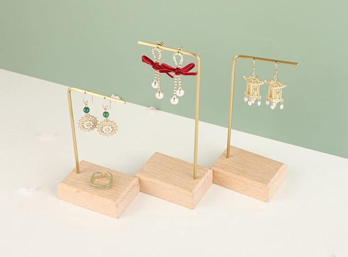 GemeShou 3pcs Beech wooden dangle earring stand holder, hoop earring displays for selling jewelry, mini brass earring hanger【Walnut Stand set-3pcs】