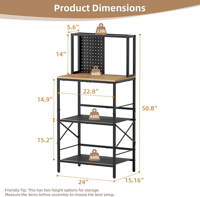 Kitchen Bakers Rack with Pegboard, 4-Tiers Coffee Bar Table, Heavy-Duty Metal Microwave Stand, Adjustable Storage Shelf Rack for Living Room, Garage, Office