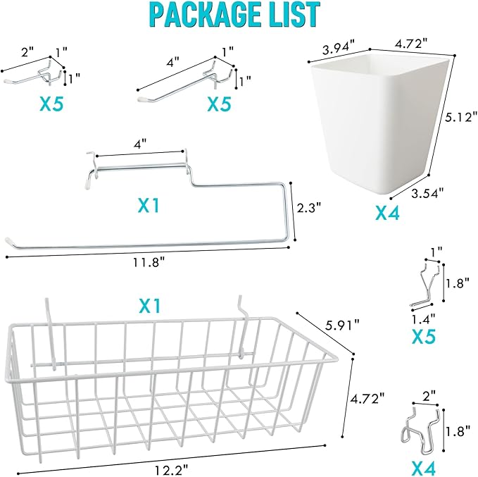 G.CORE Peg Board Organizer 21 Pack, Pegboard Accessories with Baskets Cups Hooks - 1/8" & 1/4" Peg Board Wall Tool Organizers, Utility Holders & Hangers for Garage Craft Workbench (White & White)