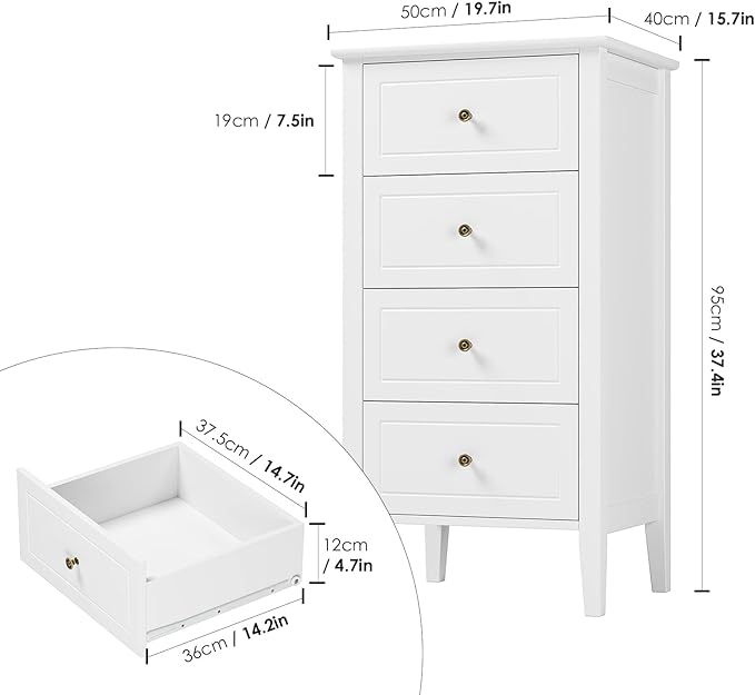 TTVIEW 4 Drawer Dresser, White Dresser Antique Chest of Drawers with Solid Frame, Tall Wood Storage Chest Cabinet for Living Room, Bathroom, Entryway, White
